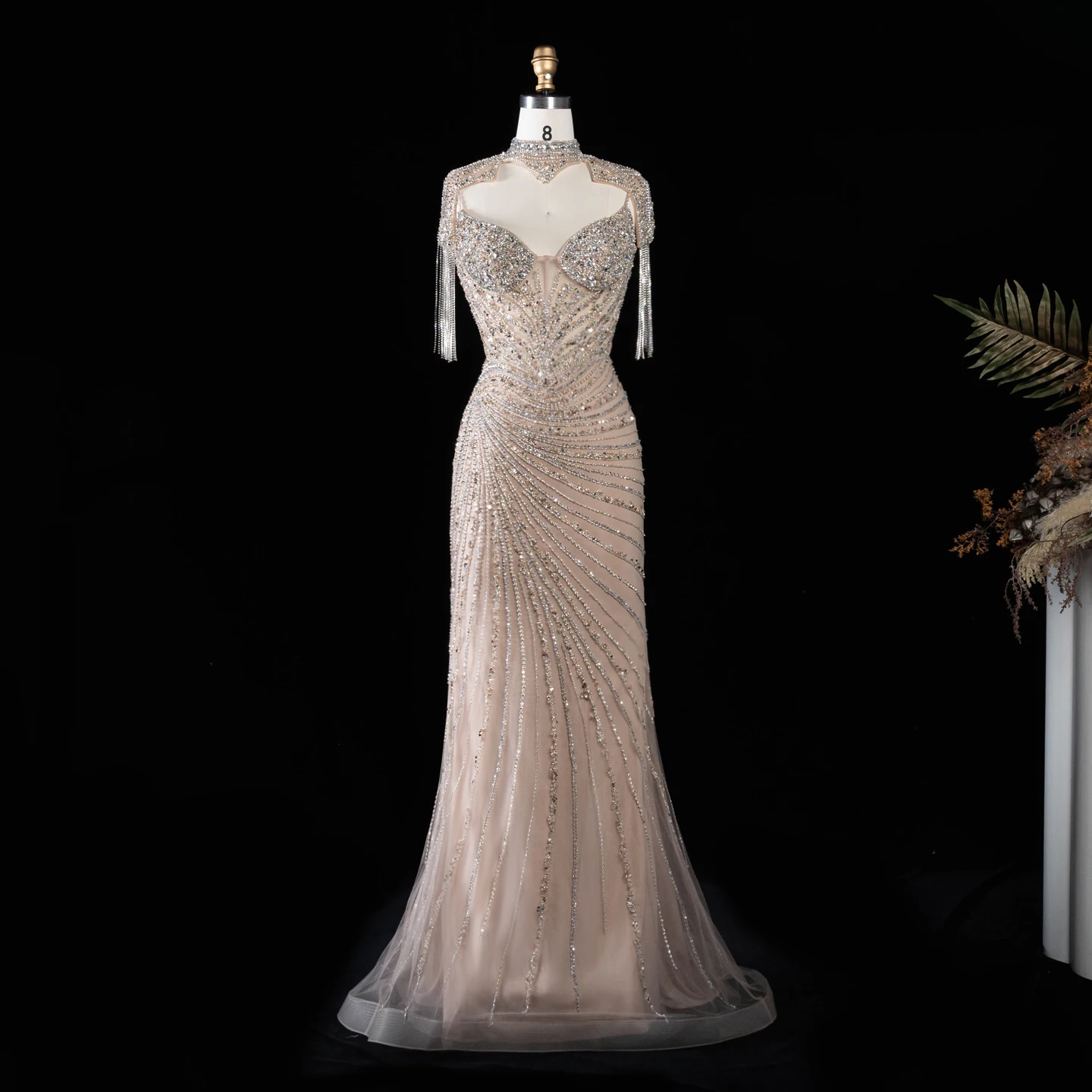 Sharon Said Luxuriöses Champagner-Abendkleid mit Quastenumhang, Diagonalen Strasssteinen, Meerjungfrauen-Schnitt, für formelle Anlässe und Partys, SS184, Maßanfertigung – Detail 4