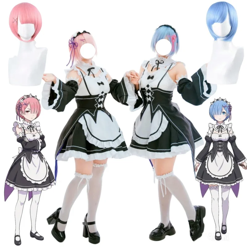

Rem Ram Cosplay Maid Costume Black White Lolita Dress Bow Wig Set Anime Re:Zero for Halloween Party Comic Con Roleplay