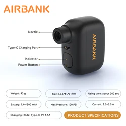 AIRBANK Mini Portable Bicycle Pump Rechargeable Air Inflator 100PSI Type-C Bike Accessories for Bike Schrader Presta Tires AS100