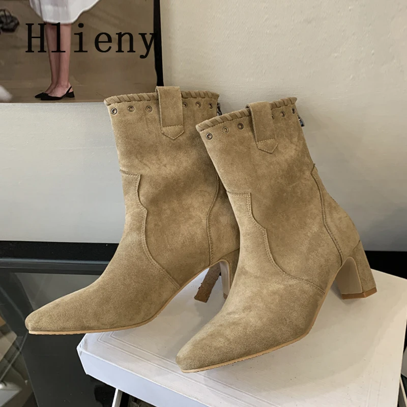 

Hlieny зимние дизайнерские женские ботильоны с круглым носком на молнии, винтажные современные туфли на квадратном низком каблуке, Zapatos De Mujer