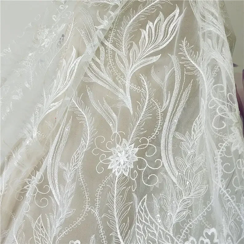 Exquisite Leaf Lace Fabric Floral Embroidered Off White Tulle Fabric Bridal Gowns By The Yard 53