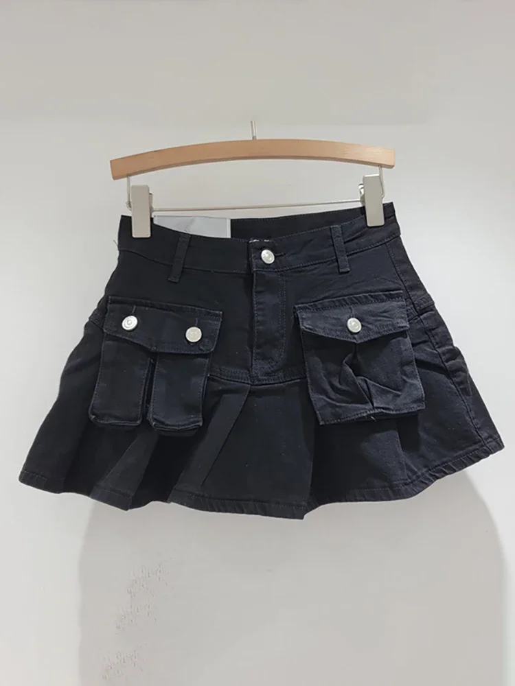 Saias jeans de retalhos feminino, bolsos assimétricos, curto plissado em linha A, minissaia cargo, moda verão, novo, 2024