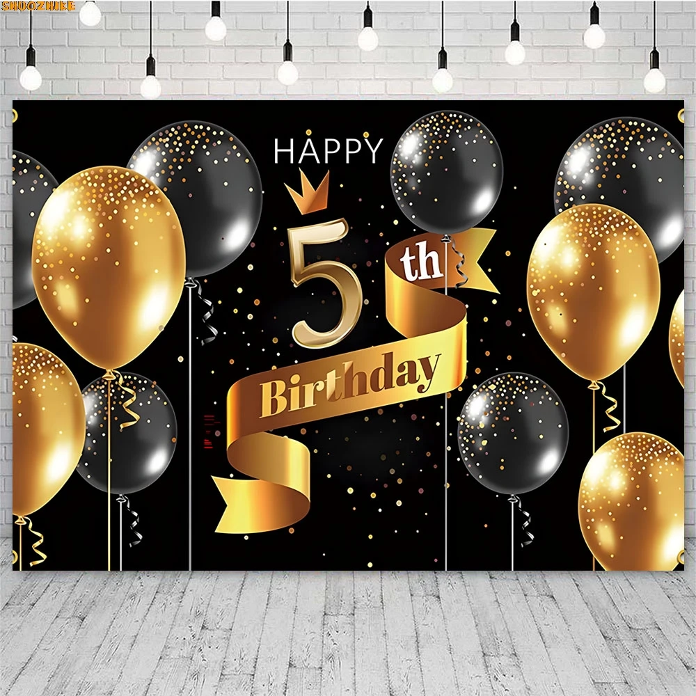 

5 Years Old Birthday Party Backdrop Black Gold Glitter Balloon Boys Girls Birthday Bar Mitzvah Photography Background