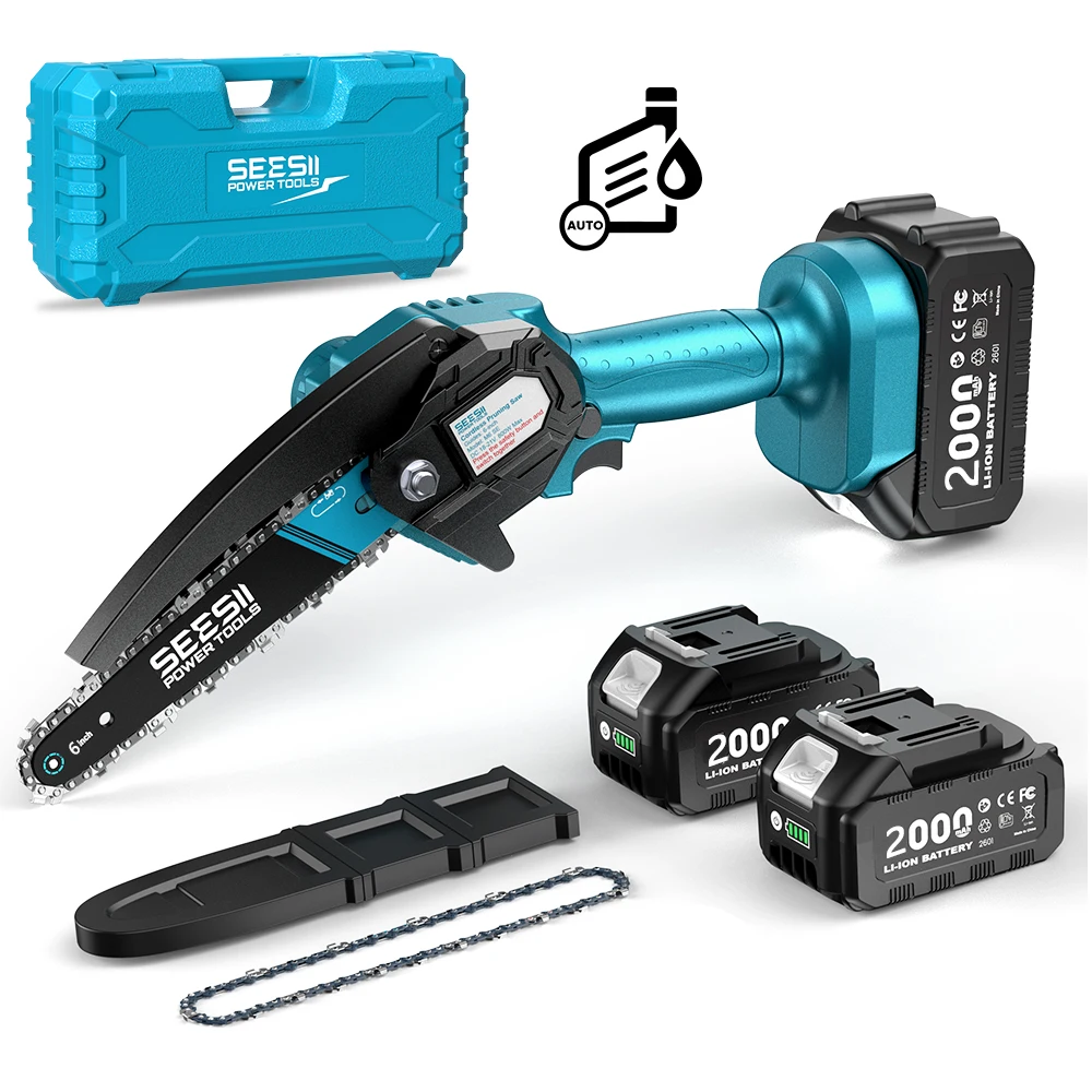 SEESII 6'' Cordless Mini Chainsaw Handheld Electric Power Chain Saw with 2 Batteries for Tree Trimming Wood Cutting Best Gifts 15.2cm Electric Saw Rechargeable Woodworking Garden Pruning Saw Power Tools for Makita 18V Battery Pin