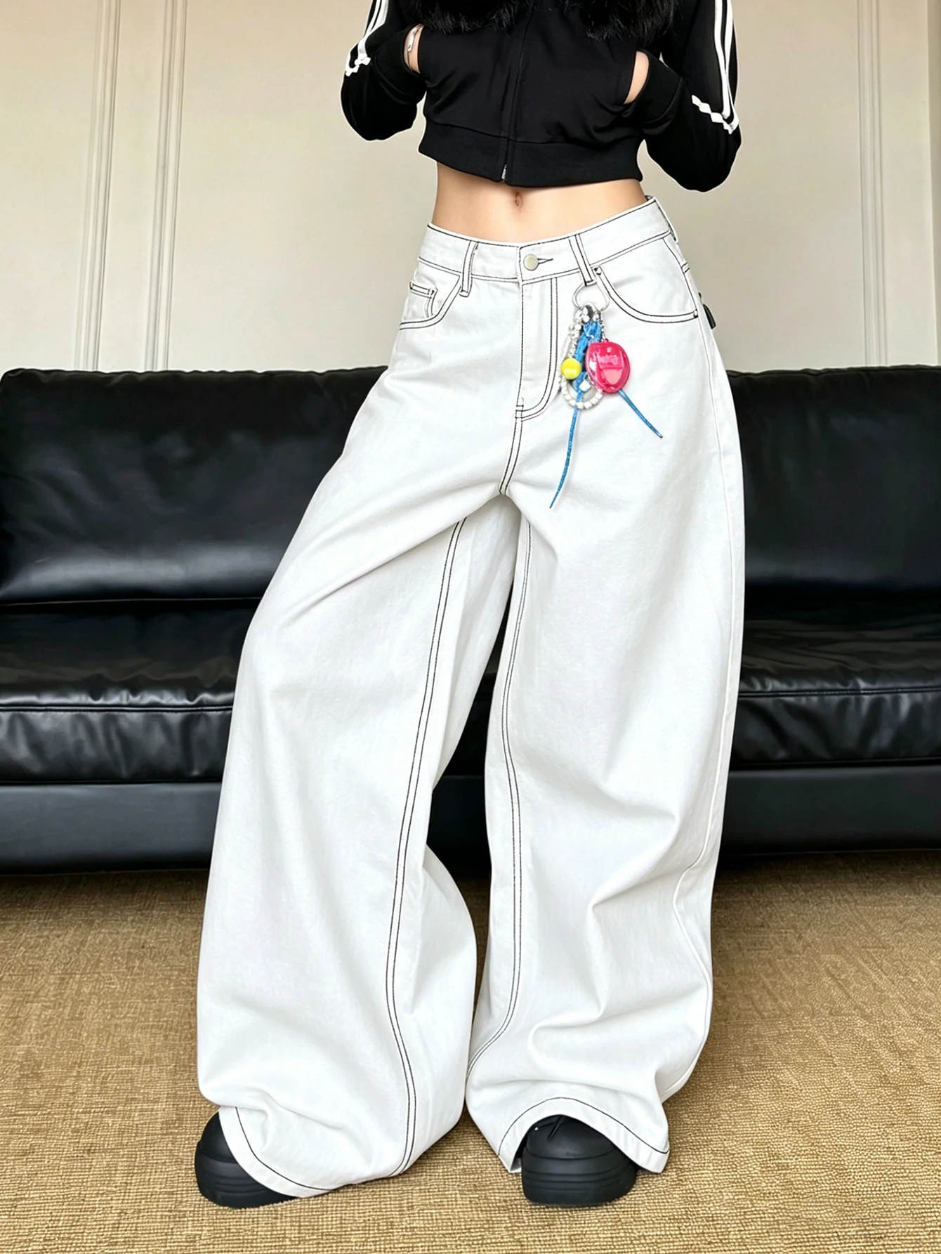 Young Women Spring Autumn Mid Waist Wide Leg Casual Trendy Jeans Flap Patch Pocket Stitch Craft Soft Denim Daily Versatile Pants