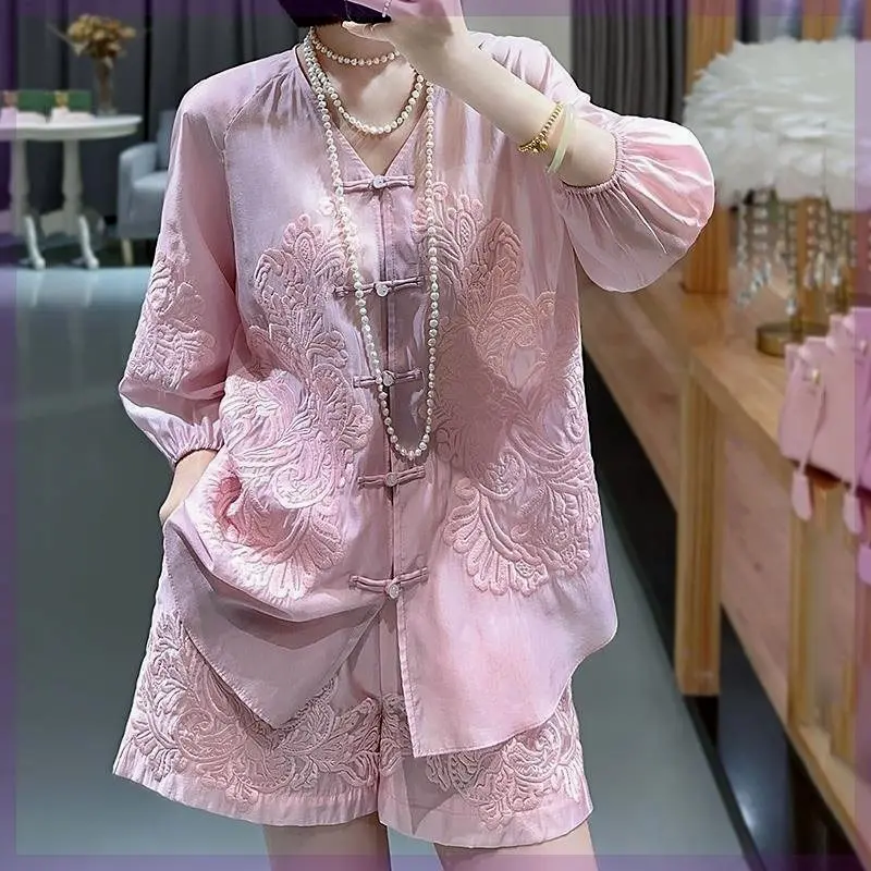 

2 Pieces Set 2024 Summer Casual Chinese Style Woman Embroidery V Neck Lantern Sleeve Beige Loose Shirt Shorts Sets