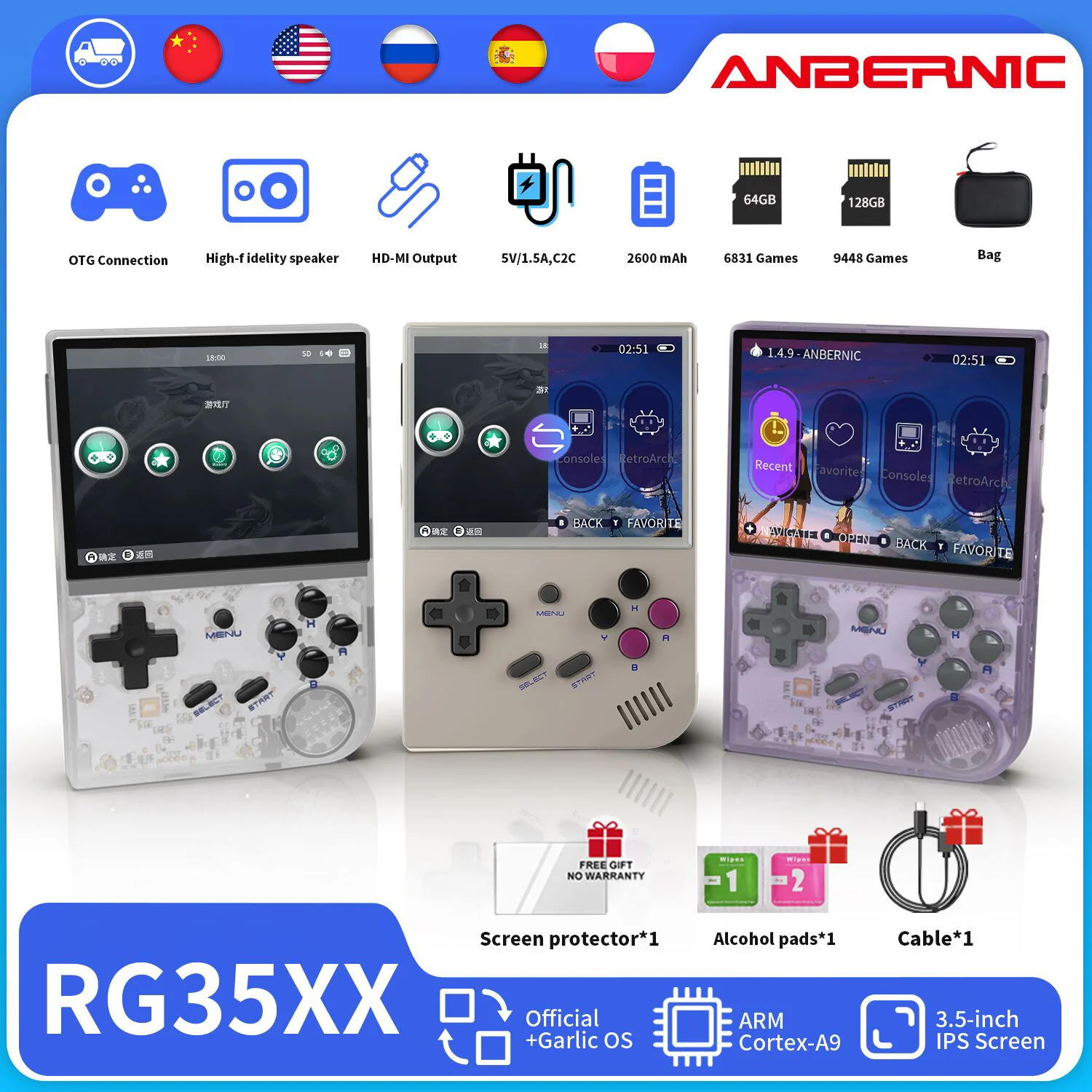 

ANBERNIC RG35XX Updated Portable Retro Handheld Game Console Linux Dual Systems Garlic OS 3.5” IPS HD Screen 6000+ Games Gifts