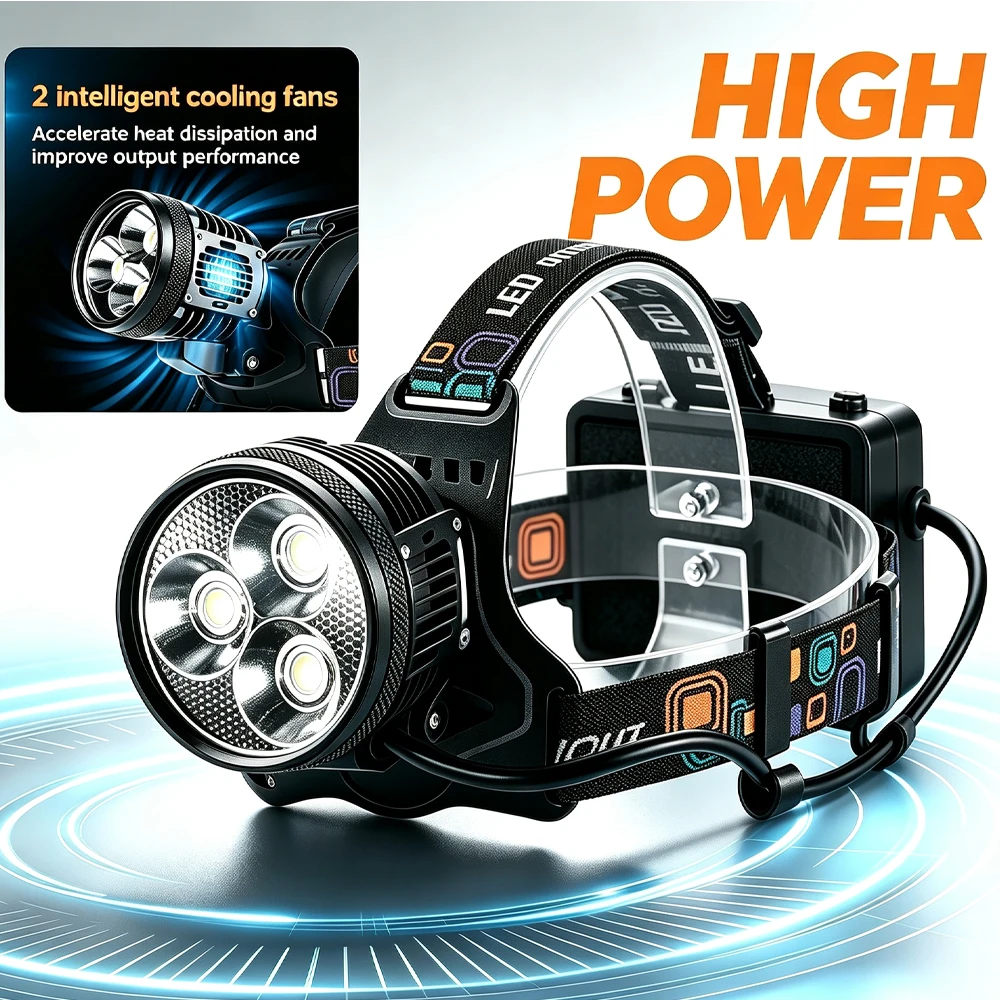15000 Lumens Powerful Headlamp 3*XHP70.2 LED Beads Head Lamp Fan-Cooled Multi-Mode Rechargeable Headlight For Outdoor Fishing