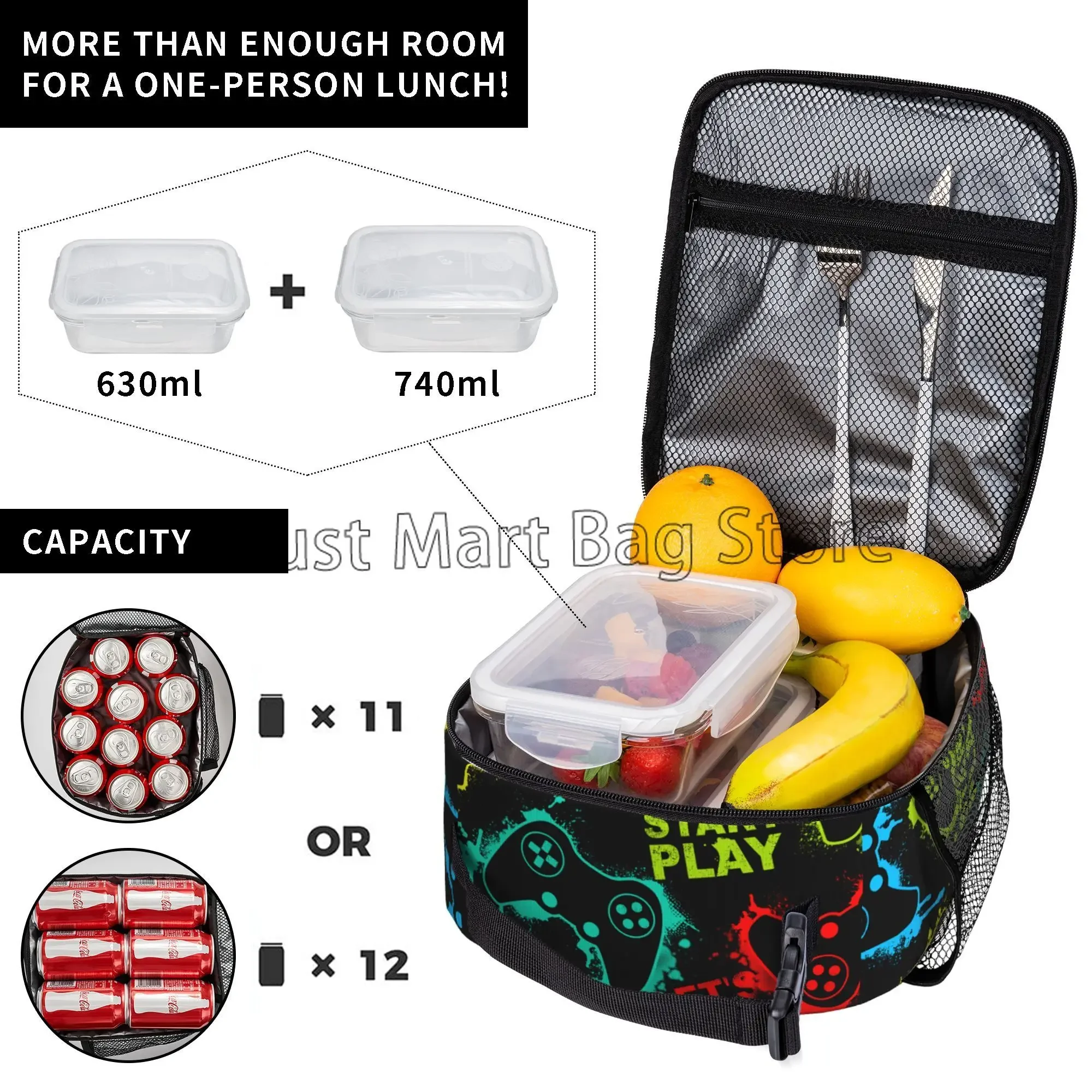 Video Game Controller Insulated Lunch Box Gamepad Waterproof Portable Thermal Bento Lunch Bag for School Travel Picnic Beach