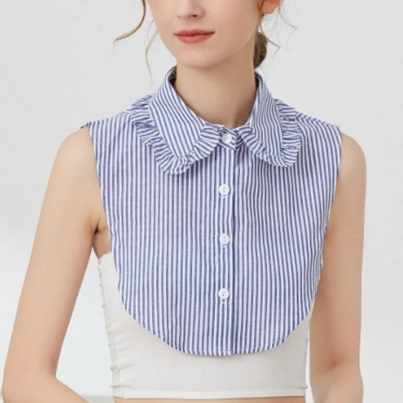 

Синий полосатый плиссированный воротник-имитация с кружевом в виде листьев лотоса, съемный воротник-накладка для рубашек и блузок, фальш-воротник для женщин и девушек