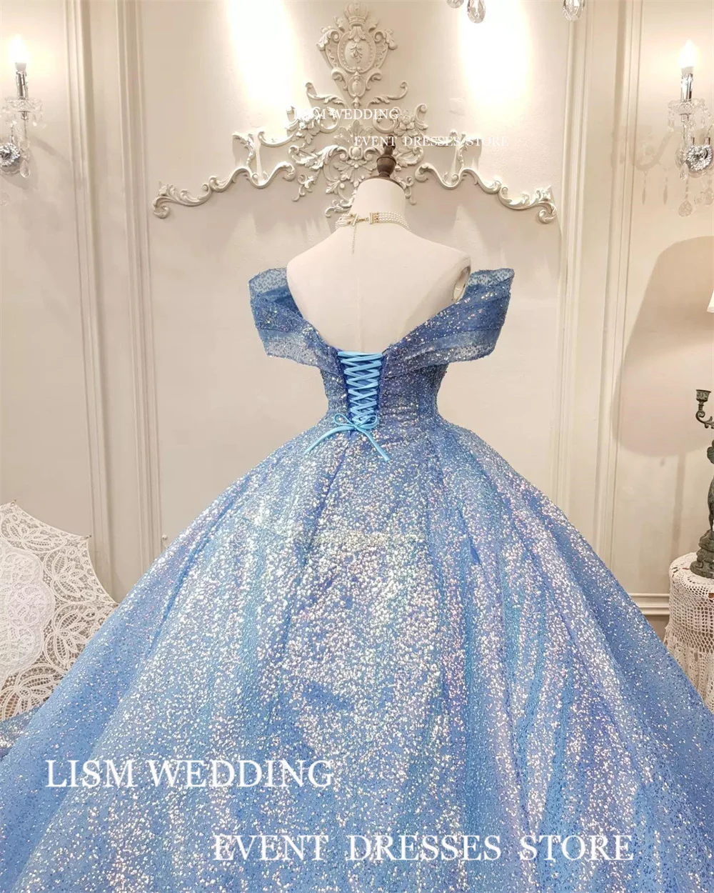 LISM-Robe de Quinceanera bleu marine scintillante, 15 robes de Quinceanera, épaules dénudées, col en V, ficelle A-Line Bling, robe de fête d'anniversaire