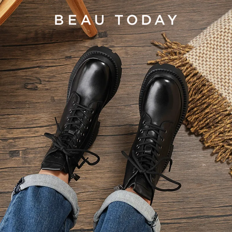 

BEAUTODAY Fashion Ankle Boots Women Geniune Cow Leather Solid Color Lace-up 2023 Winter Warm Ladies Shoes Handmade 03A60