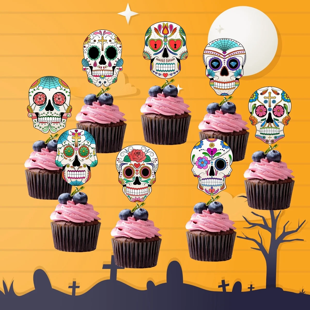 1 Satz Halloween Schädel Banner bunte Schädel Kuchen Topper hängen Tags für Halloween Party Dekor Trick oder behandeln Geschenke liefern