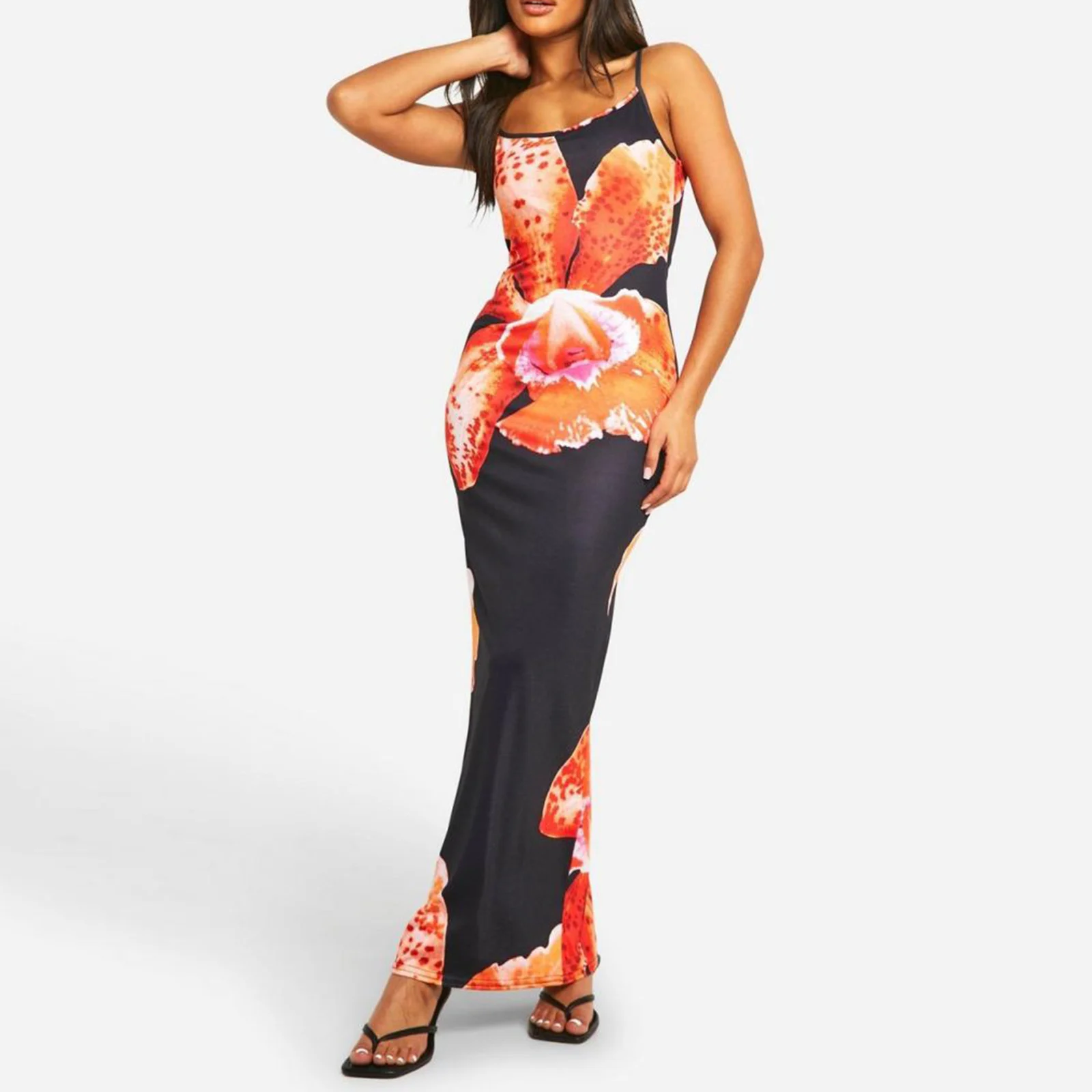 

Women's 2000s Aesthetic Long Slim Cami Dress Spaghetti Strap Sleeveless Low Cut Flower Print Beach Bodycon Party Maxi Dresses