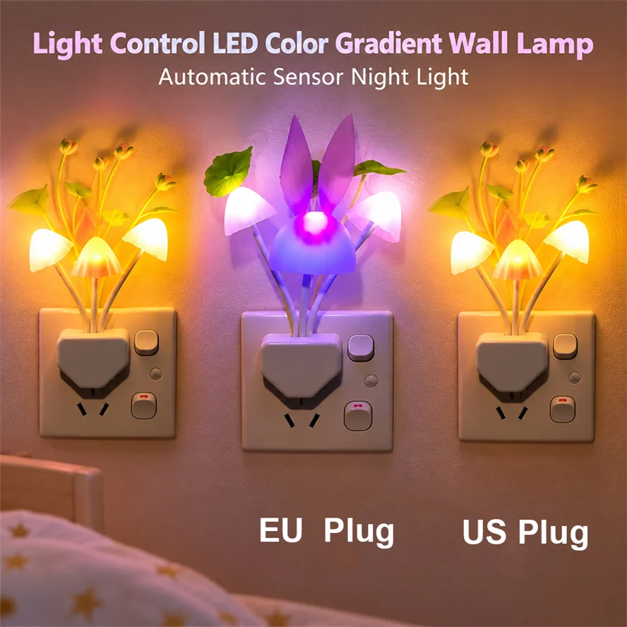 Light Control LED Color Gradient Mushroom Lamp US/EU Plug Light Sensor Romantic Atmosphere Bedside Lamp Plant Night Light