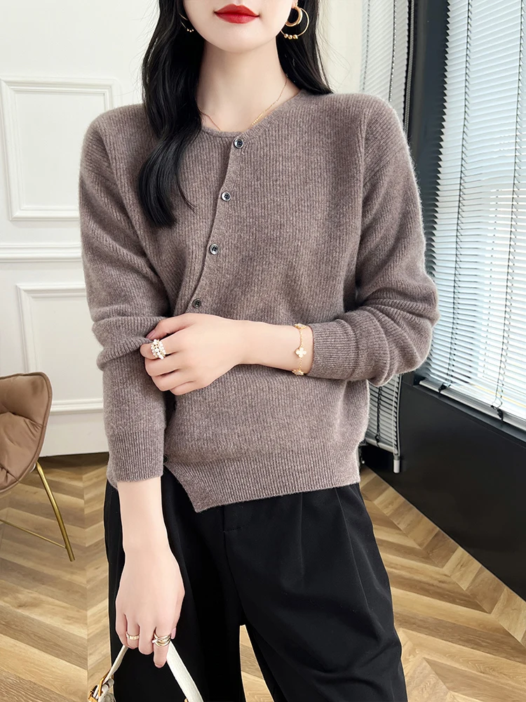 New Chic 100% Merino Wool Cardigan For Women Spring Autumn Winter Soft Warm Pure Colour Cashmere Sweater Korean Fashion Tops