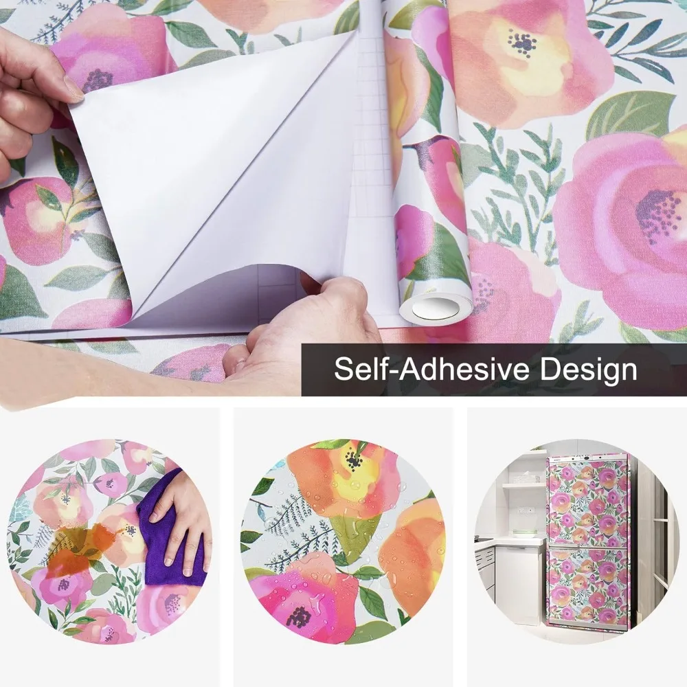 ورق جدران قابل للإزالة بألوان مائية وزهور وردية خوخي لخزانة الملابس - 17.7 × 1181، تصميم قابل للتقشير واللصق