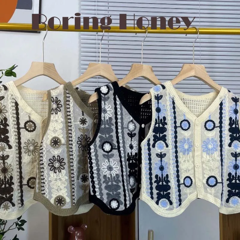 Damska luźna kamizelka z ażurowym wzorem kwiatowym w stylu retro, idealna na lato, uniwersalna, wyszczuplająca, rozpinana kurtka/kardigan/top.