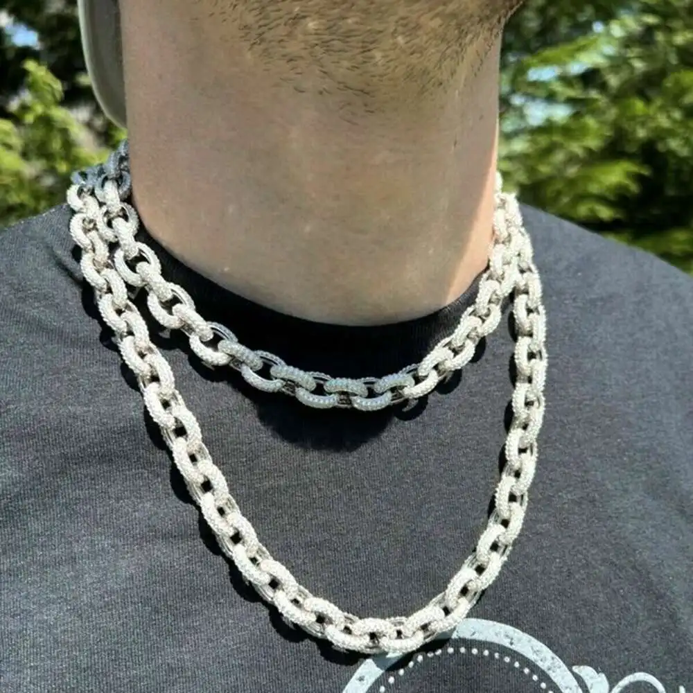 Luxury Custom Rapper Chain 925 Silver 12mm Thickness Rolo Link Chain Iced Out Moissanite Hip Hop Chain.