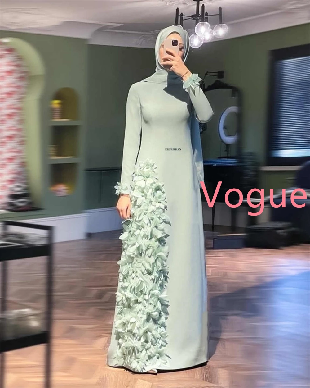 تخصيص جودة عالية الأخضر جيرسي مساء اللباس مزاجه س الرقبة طويلة الأكمام فستان الحفلة الراقصة الفاخرة فساتين المناسبات الخاصة