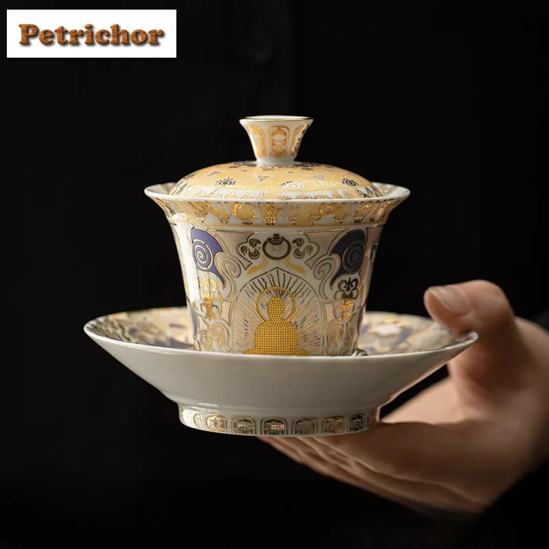 

120ml Gold and Silver Inlaid White Thangka Gaiwan Elegant Tea Tureen Tea Bowl with Lid Kit Tea Making Cover Bowl Drinkware Craft
