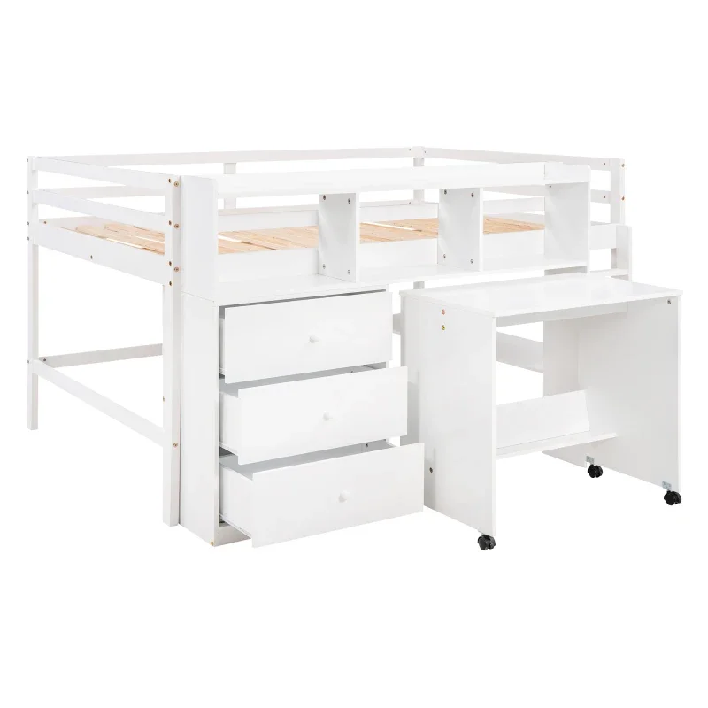 Full Size Low Loft Bed with Rolling Portable Desk, Drawers and Shelves,Storage Space Available, Suitable for Children\'s Room