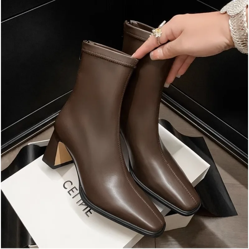 

New Vintage Warm Cotton Women Ankle Boots Fashion Elegant Square Toe Shoes Autumn Winter Thick Heel Women's Short Booties