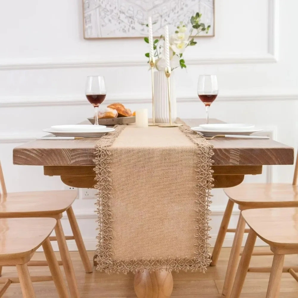 New Jute Jute Table Runner Woven Texture Lace Trim Burlap Table Runner Macrame Edges 30x180CM Rustic Table Runner Table Decor