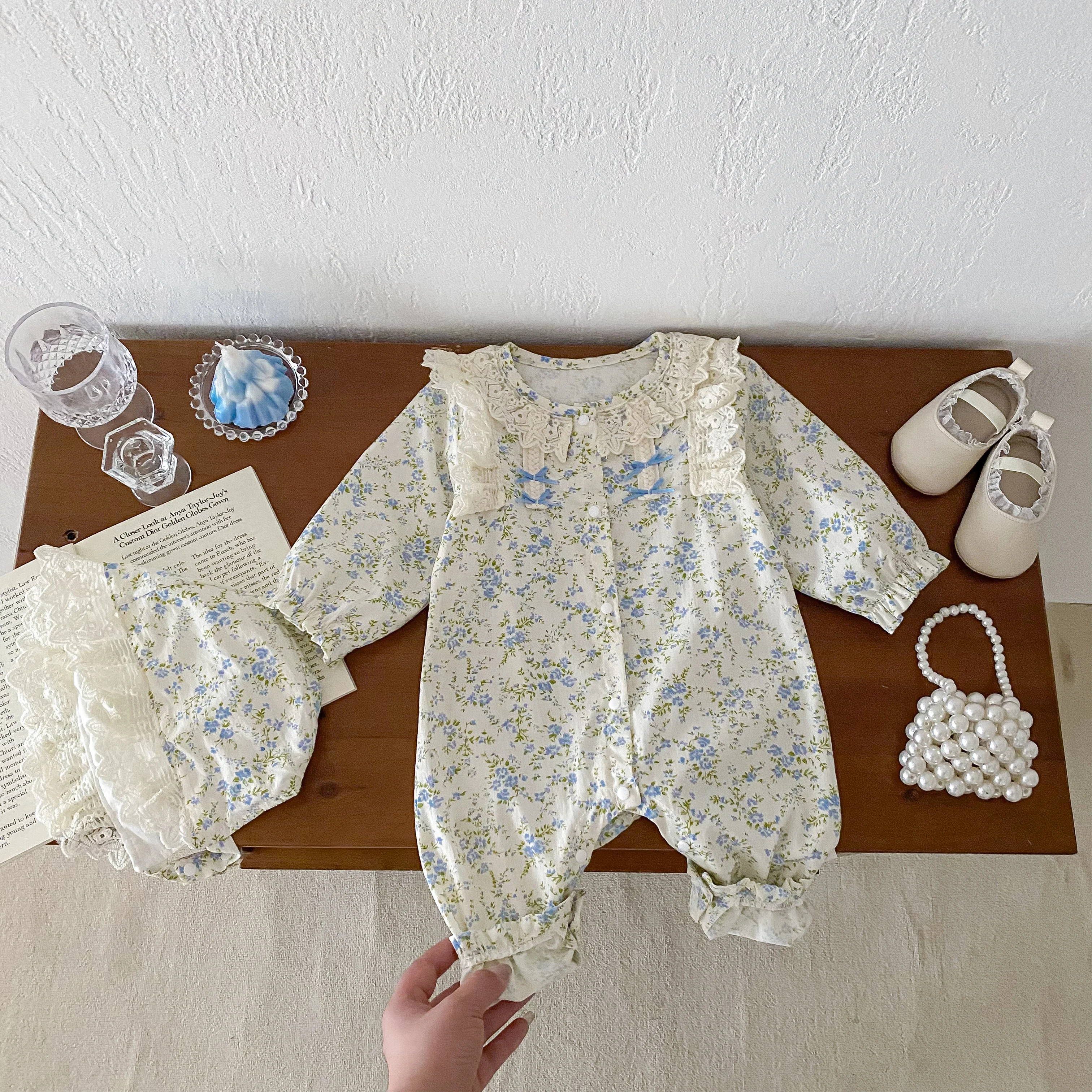 0-2 Years Oldnewborn Baby Girls Jumpsuit + Hat Cotton Floral Lace Long Sleeves Toddler Romper Spring and Autumn Baby Bodysuit