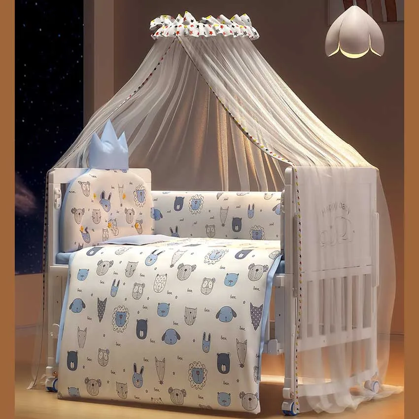

Multi-Functional Wood White Baby Crib, Can Combine Adult Bed, BB Rocking Cradle With Mosquito Net
