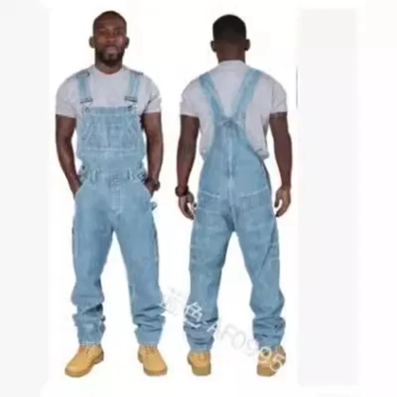 New Men's Denim Cosplay Overalls Casual Multiple Pockets Loose Splice Straight Rompers Fashion Adjustable Suspenders Jeans Male