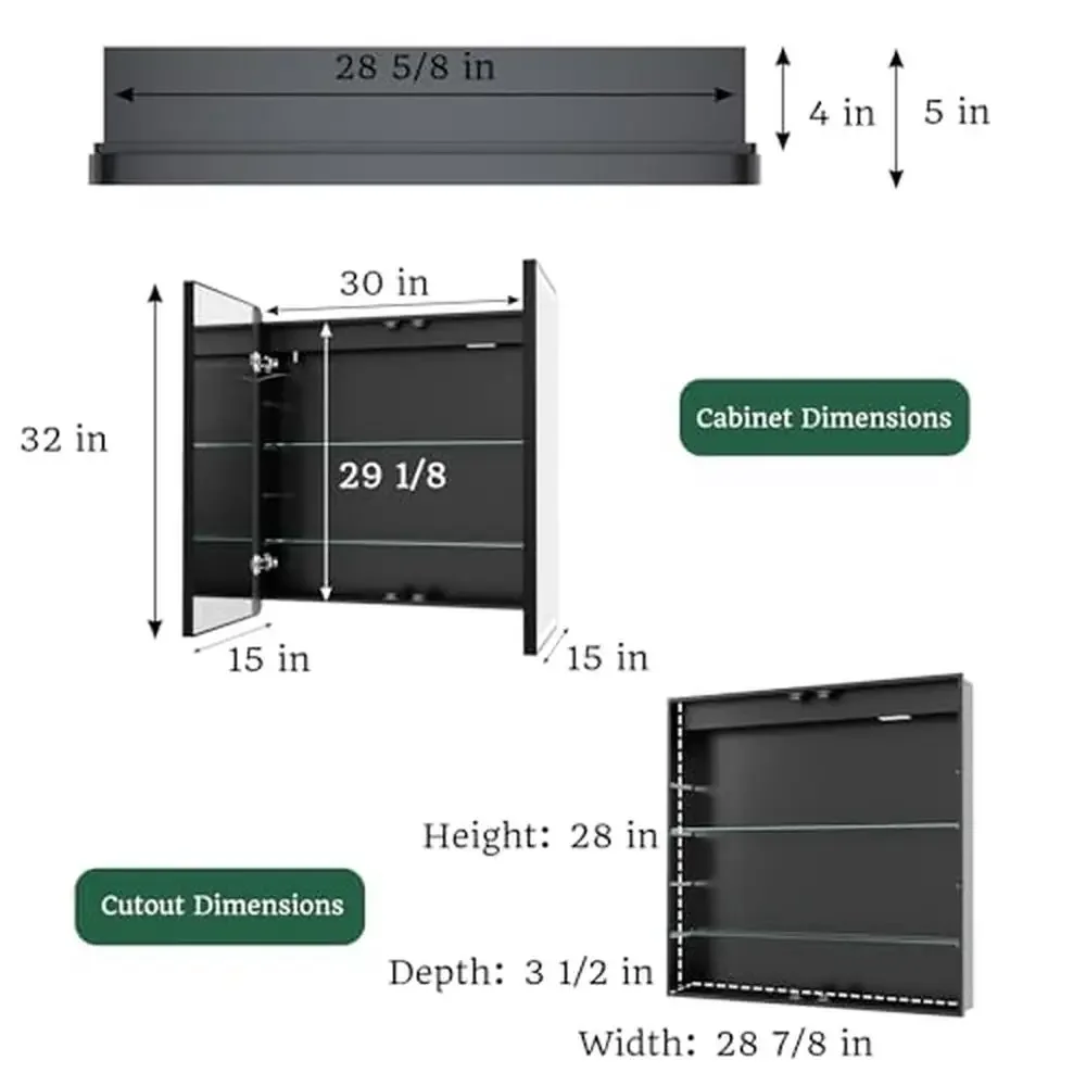 Armoire à Médecine LED avec Miroir, 30x32, Cadre Noir Sable, 3 Couleurs, Intensité Variable