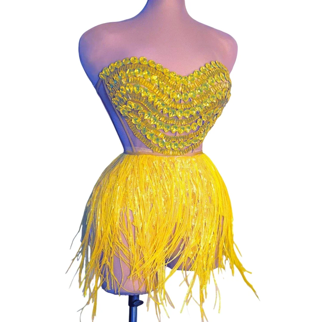 Fringe 2 Pcs Set Dress Design Dance Costume Women Birthday Party Night Club Stage Wear Sparkly Crystals Backless Sexy Drag Queen