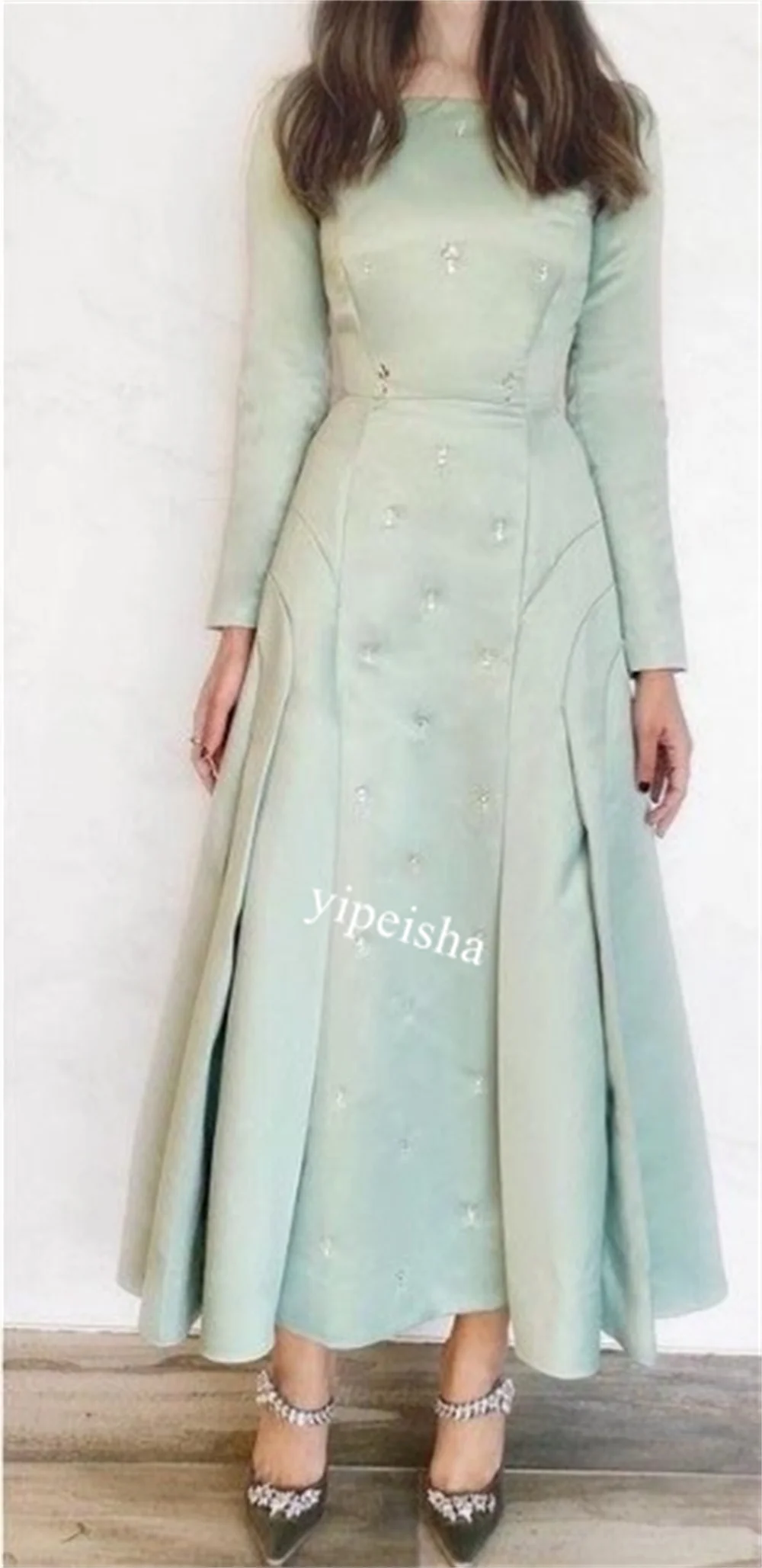 Customized  Evening    Jersey Rhinestone Engagement A-line O-Neck Bespoke Occasion Gown Midi es Saudi Arabia