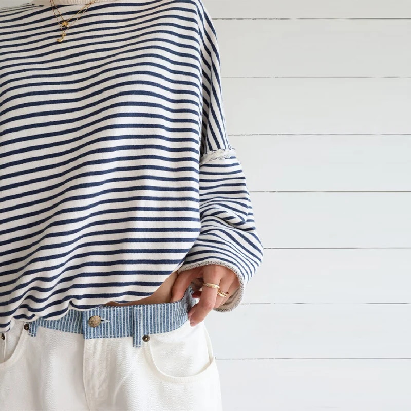 المرأة عادية مخطط الربط القمم كم طويل طاقم الرقبة البلوز الراحة تنوعا موضة هوديي الخريف التنقل الملابس #3