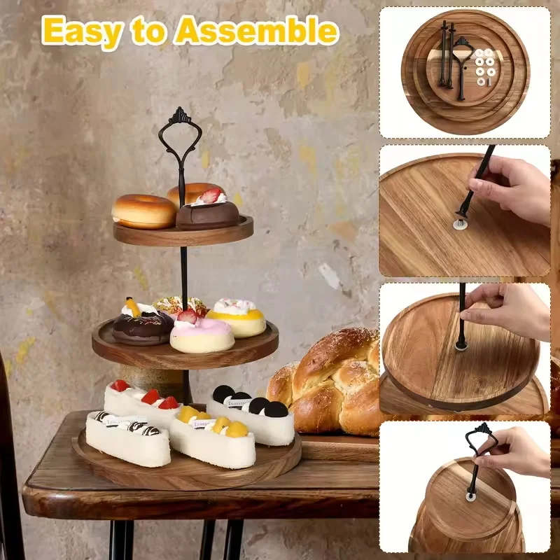 2/3 Acacia Wood Multi-layer Cupcake Stand Tiered Tray Multi Layer Fruit Tray for Graduation Party Birthday Wedding Display