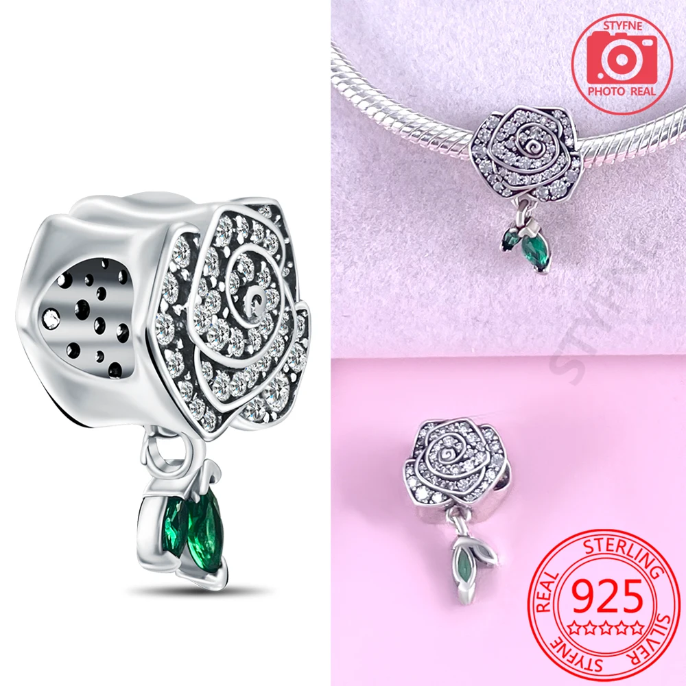 

Elegant 925 Sterling Silver Sparkling Rose In Bloom Charm Fit Pandora Bracelet Ladies Banquet Fashionable Jewelry Accessories