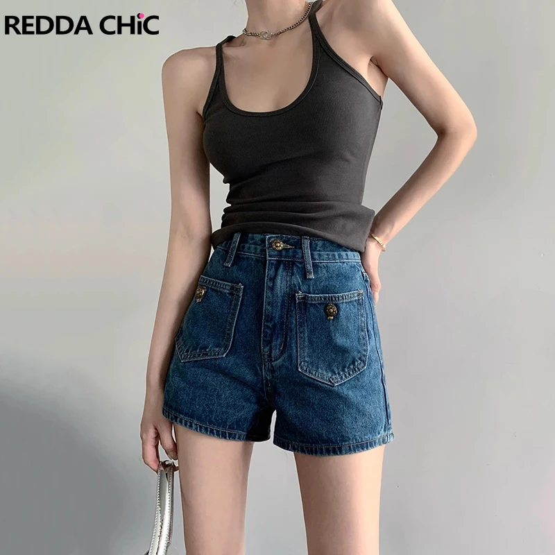 REDDACHiC 90s Retro Multi-pocket Denim Shorts Women Summer Casual High Rise Wide Leg Pants Loose Cropped Jeans Korean Streetwear