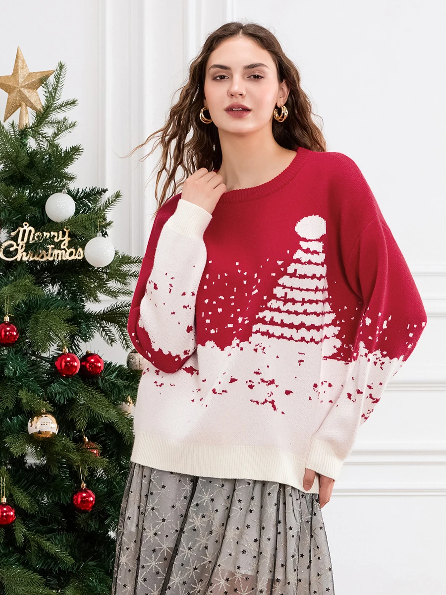 wsevypo Women Cute Red Sweaters Fall Winter Classic Snowflake/Christmas Tree Print Crew Neck Warm Pullovers Basic Knitwear