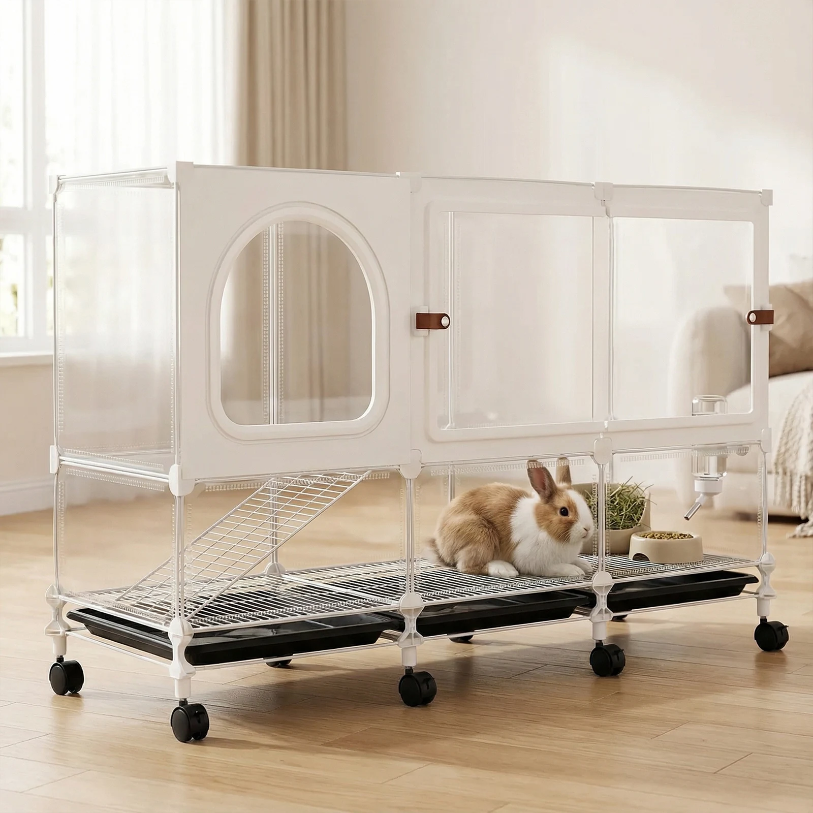 

2-Tier Bunny Cage Indoor with Pull Out Tray Metal Rabbit Breeding Cage with Wheels 105x35x66cm for Guinea Pig Chinchillas