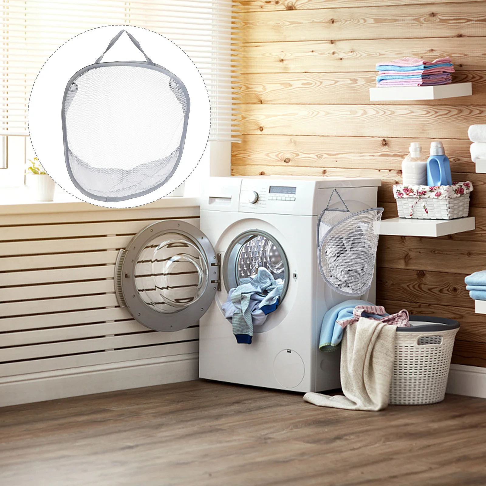 

Hanging Laundry Bag Foldable Clothes Storage Multi-Scene Use Gray Folding Laundry Bag Clothing Basket Clothes Basket