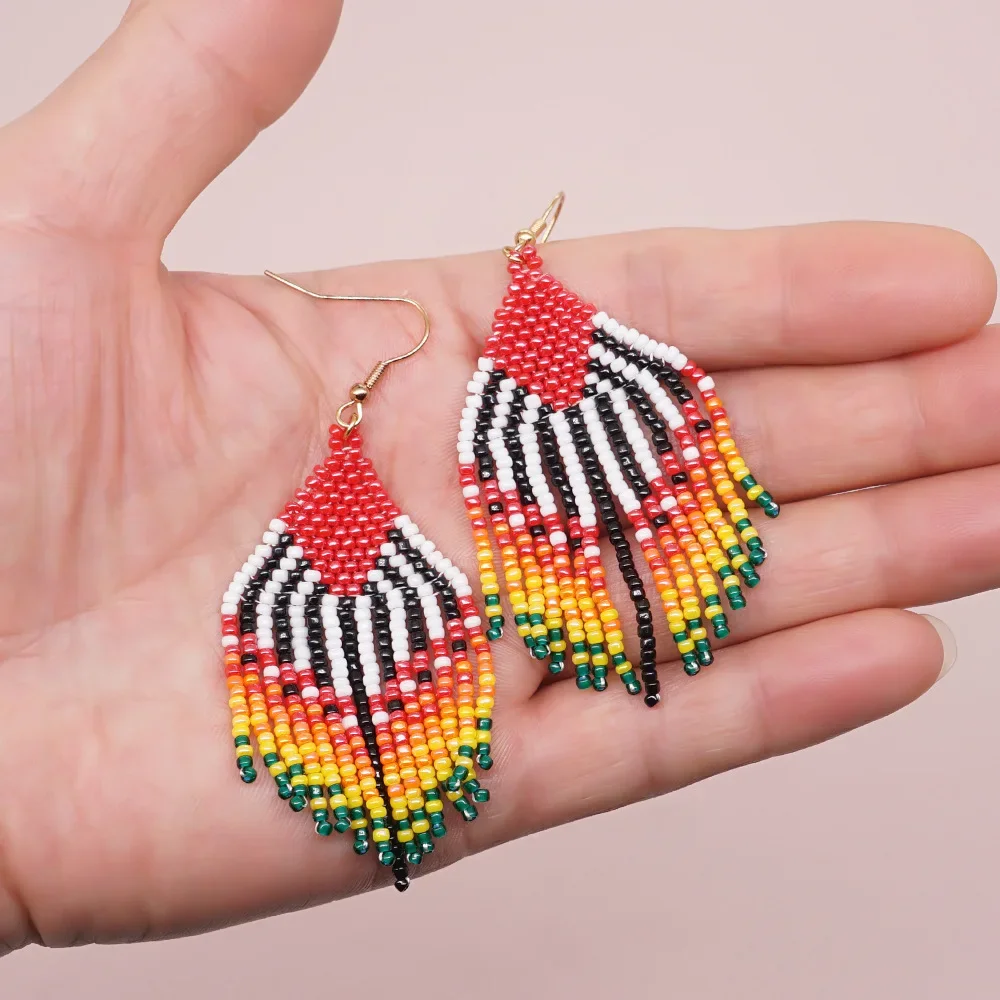 Rice bead earrings Tassel Rainbow Versatile Geometry Design Hand knitting Bohemia Alloy Fashion Female Simple Beaded earrings