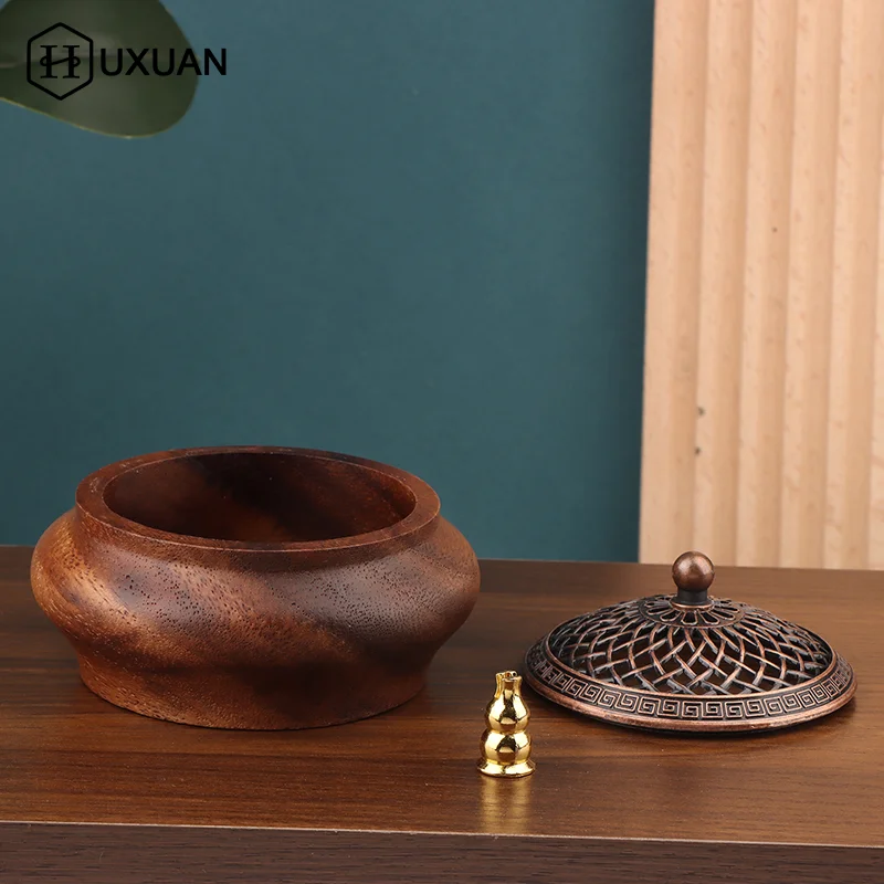 1 قطعة الجوز الرجعية خشب متين مبخرة مستديرة الراقية الغلاف الجوي المنزل داخلي مبخرة الحلي الإبداعية الصينية