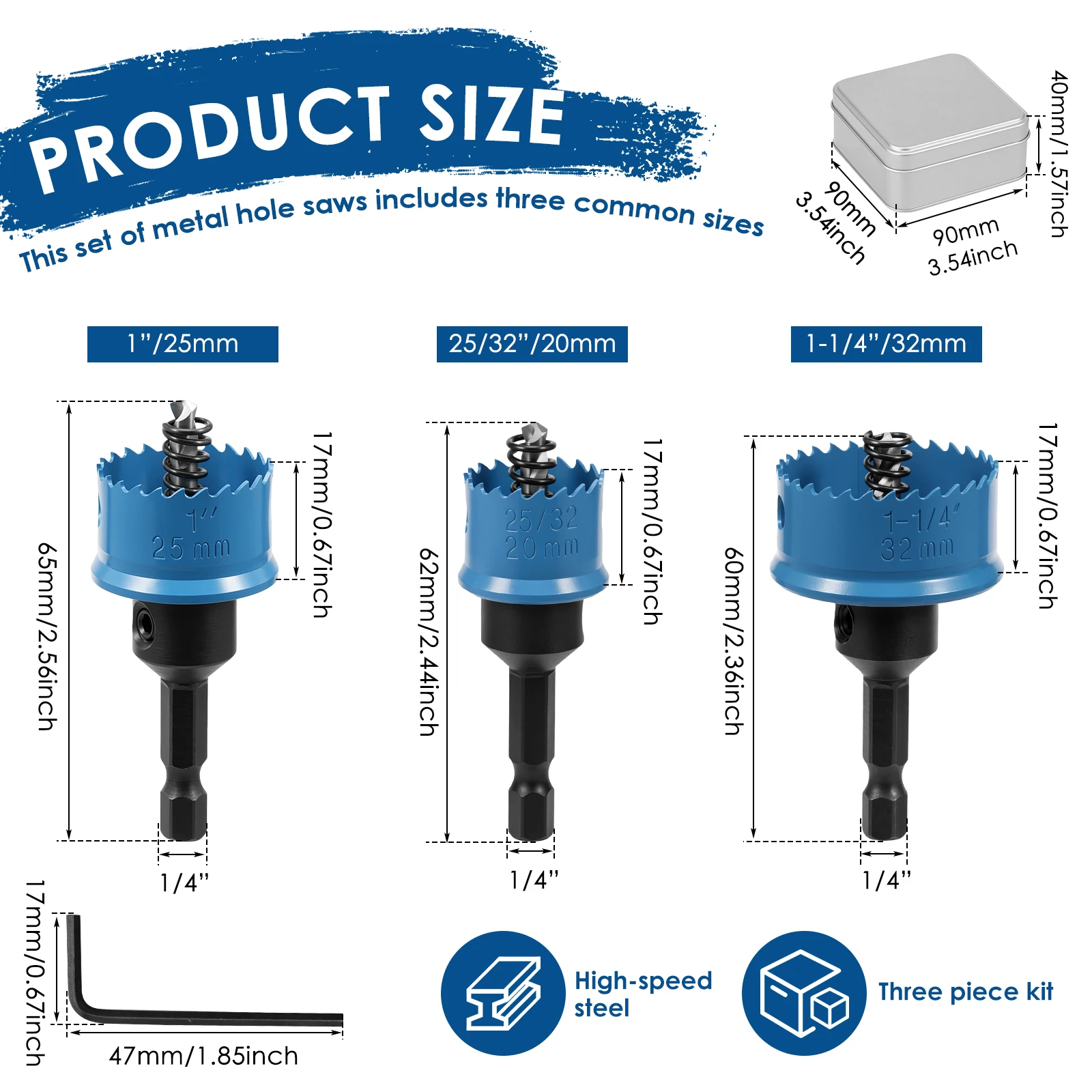 HSS Hole Saw Set 3pcs Metal Cutter Drill Bit Hex Shank Spring Eject for Impact Driver Stainless Steel Sheet Conduit Hole Cutting