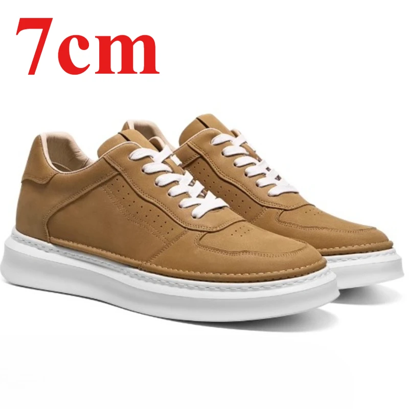 

Brown Height Increasing Shoes Men's 7cm Sports Board Shoes Casual Sneakers Genuine Leather Breathable Comfortable Elevator Shoes