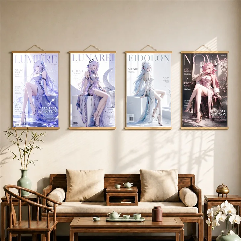 Anime Room Decor Anime Heroine in Elegant Qipao, Chinese Fantasy Pearlescent Canvas Hanging Scroll Decor for Aesthetic Bedroom
