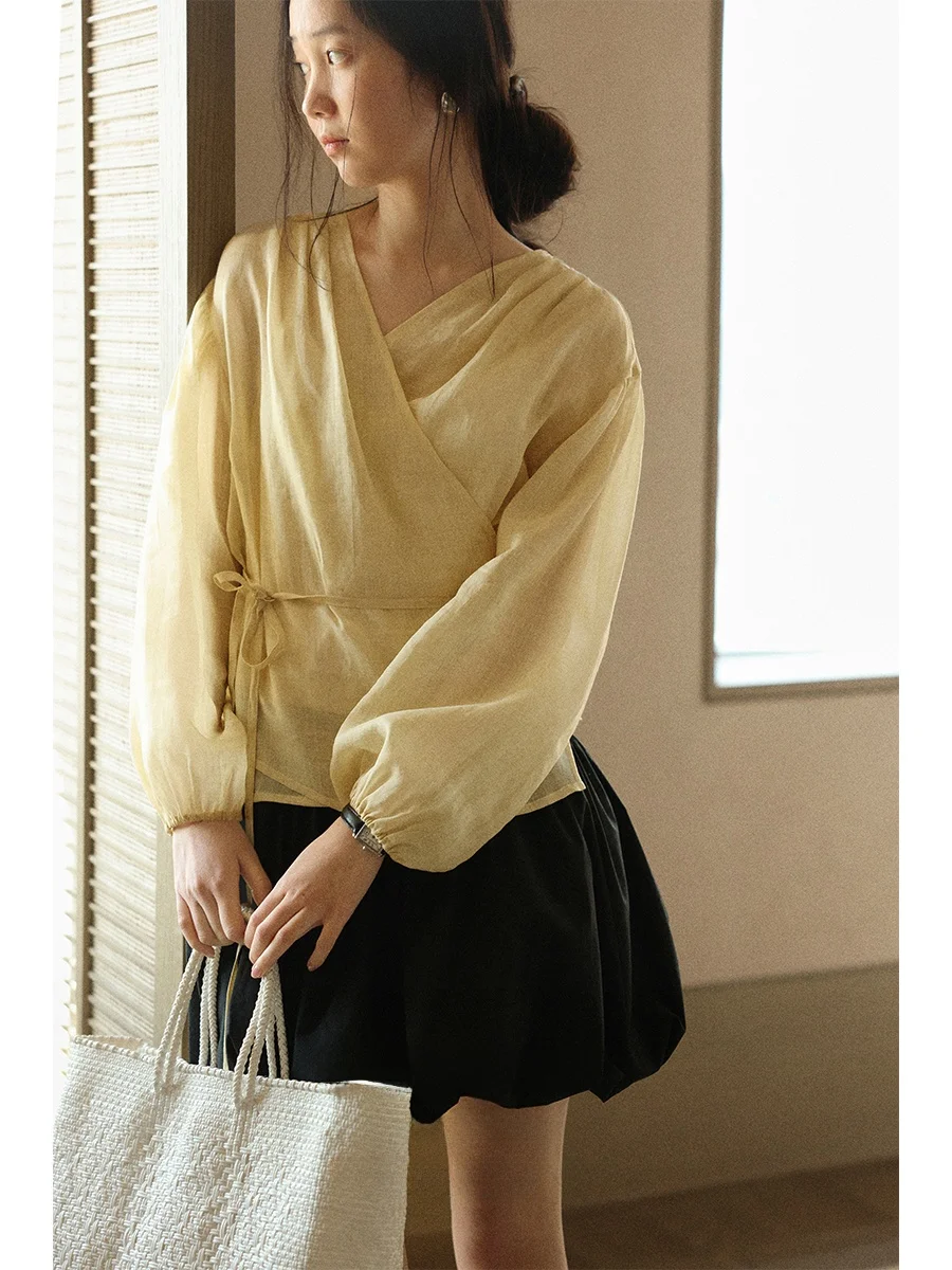 

Lalaglow New Chinese Sle Loose Long Sve Sun Protection irt Women's Spring Faion Linen Belted Top Early Spring