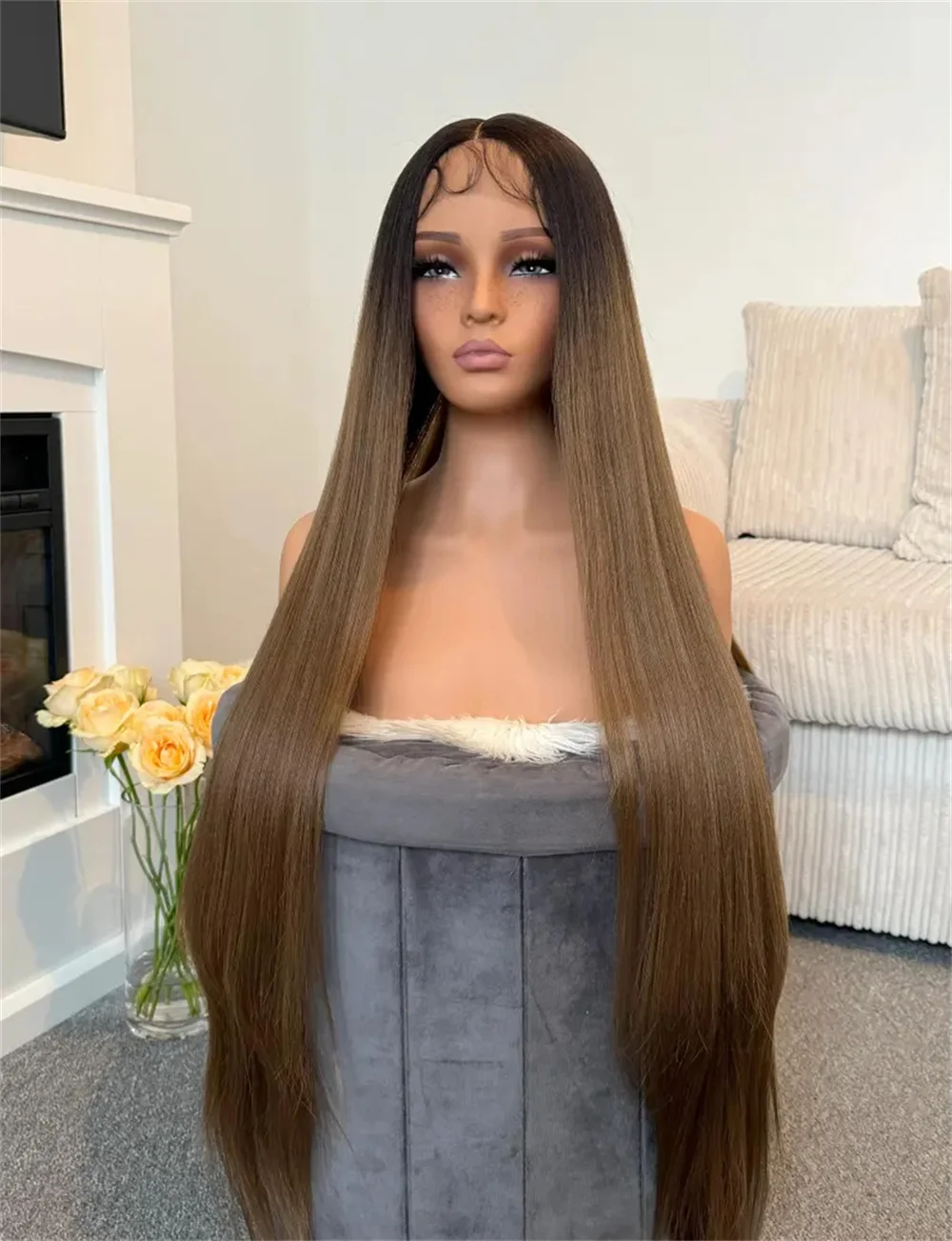 

Super Long Wig 36Inch Ombre Brown Long Straight Synthetic Hair Wig Lace Frontal Human Hair Blend Heat Friendly for Women Wear&Go