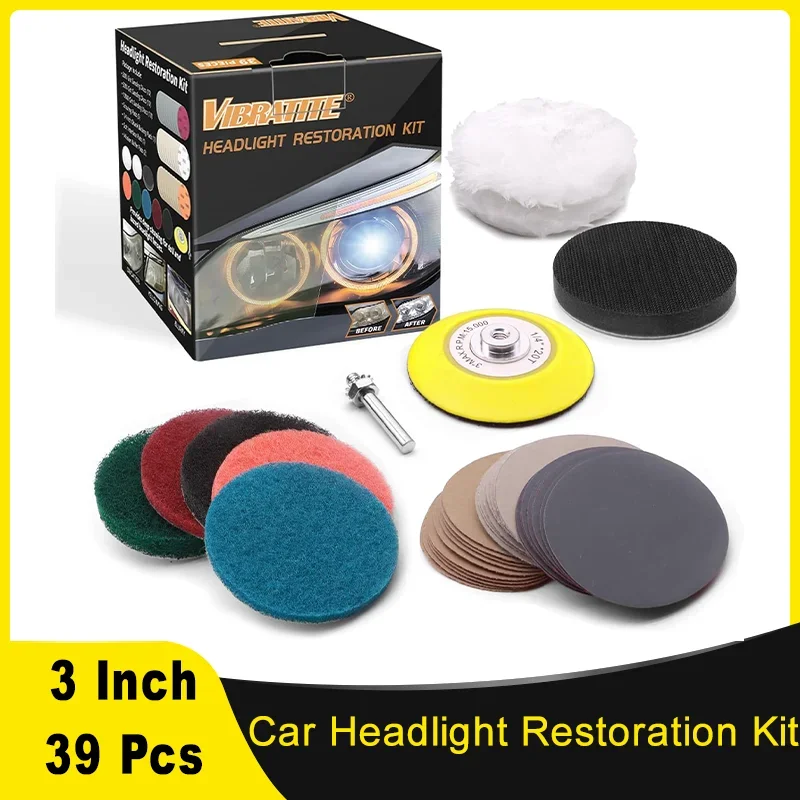 3 Inch Car Headlight Restoration Kit Assortment 2000 to 10000 Grit with 1/4 Inch Shank Backing Pad Scouring Pads Soft Interface