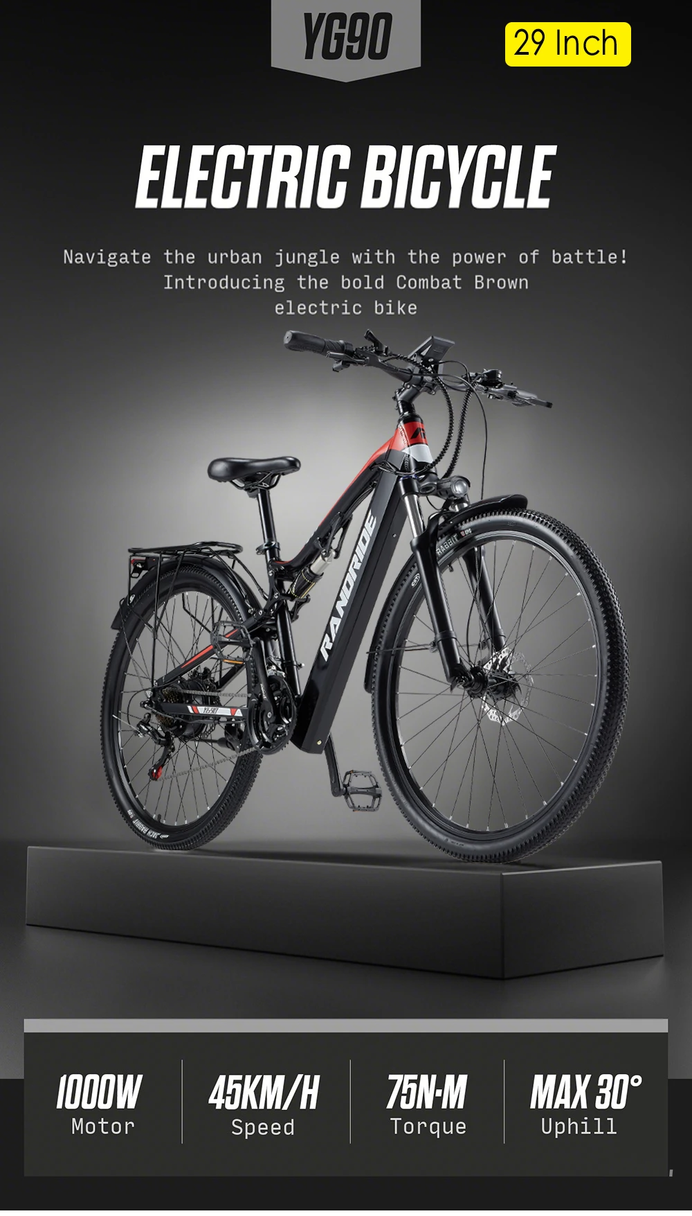 Elektrofahrrad RandRide YG90B-29 48V17AH Akku 1000W Motor 45KM/H Geschwindigkeit Allterrain-Mountainbike E-Bike EU-Lagerbestand – Detail 3